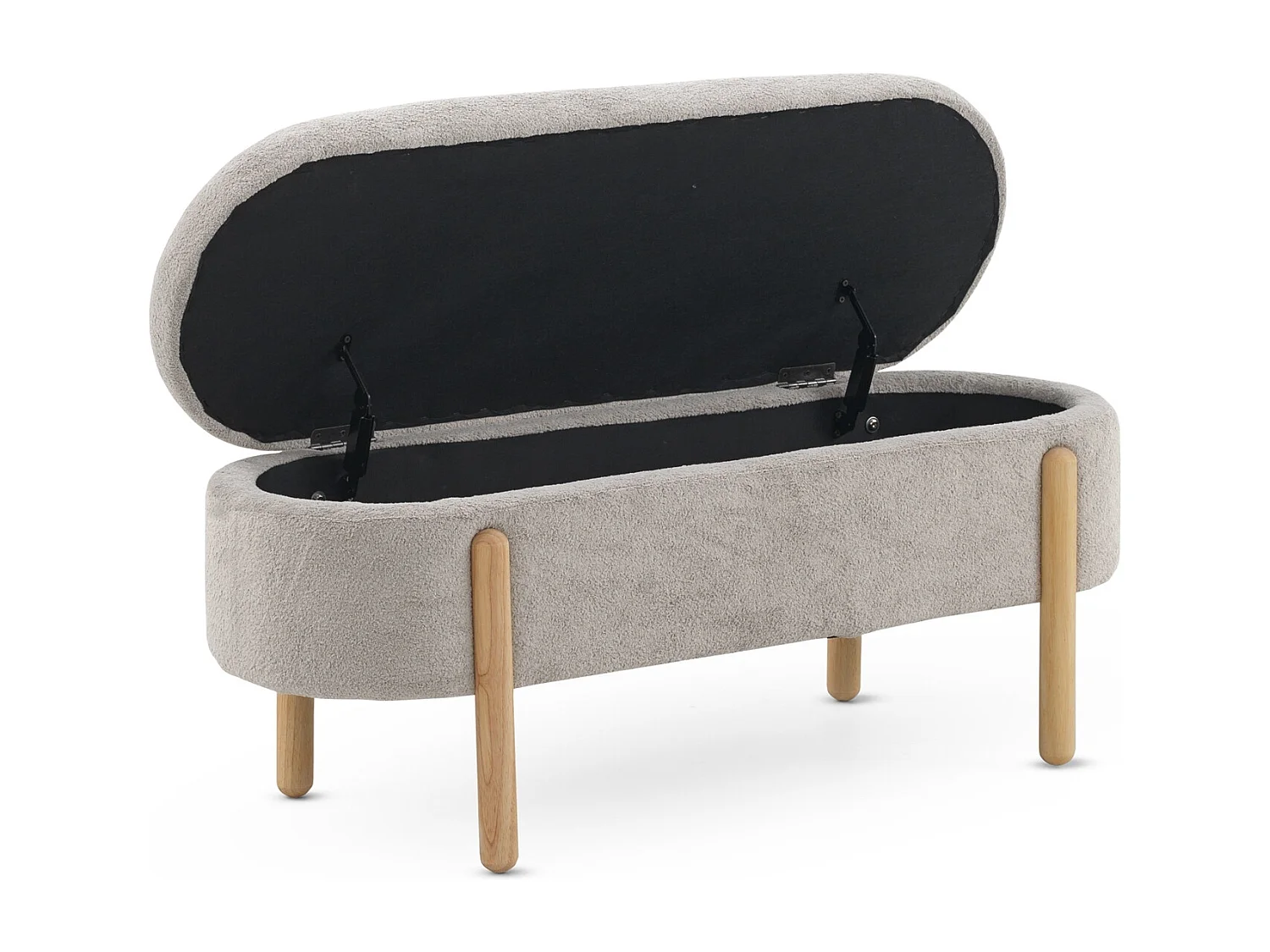 Banqueta-baul tapizada en boucle gris estructura y patas en pino natural