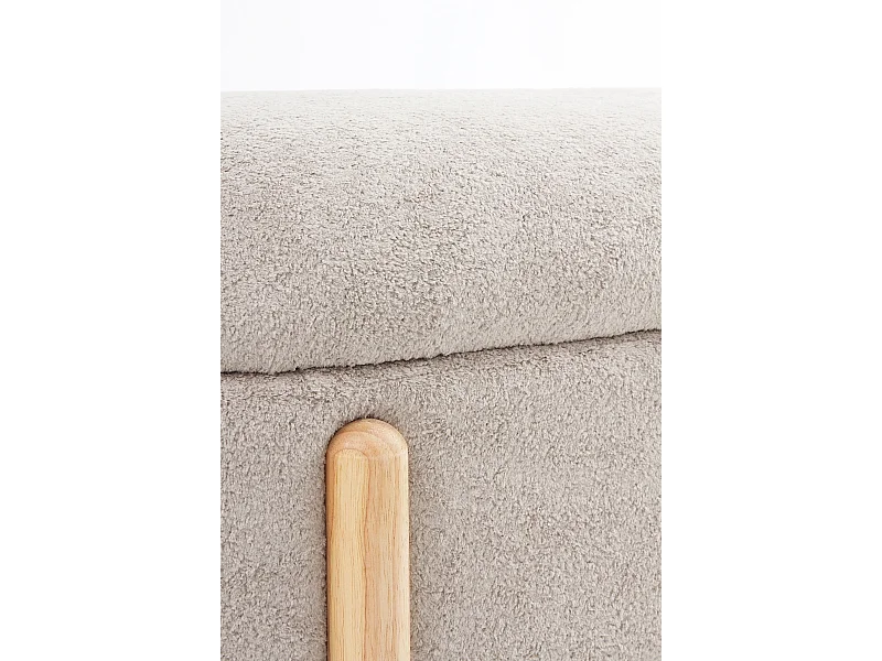 Opbergbank met grijze bouclé bekleding en frame en poten van naturel grenen