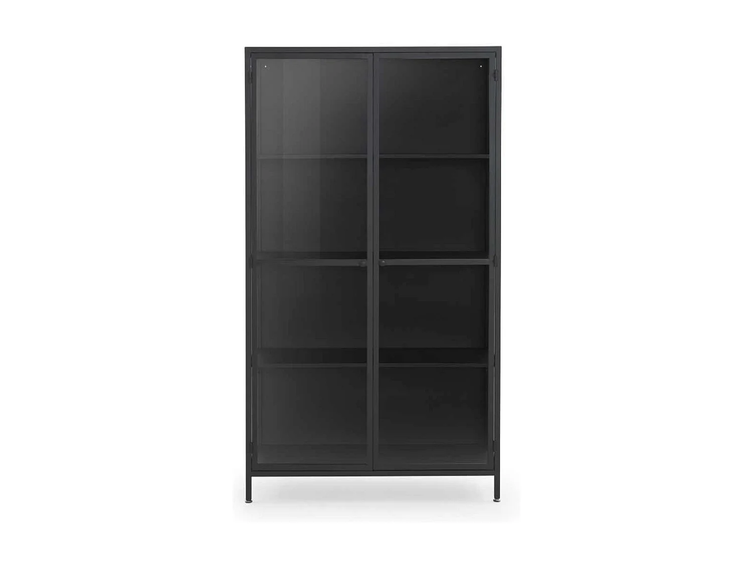 Armário expositor com portas e laterais de vidro, estrutura metálica preta
