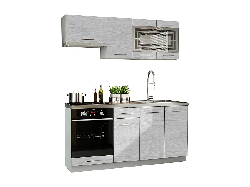 Cuisine GIOVANNA 6 éléments - bois blanchi 1m80 portes vitrées four encastrable