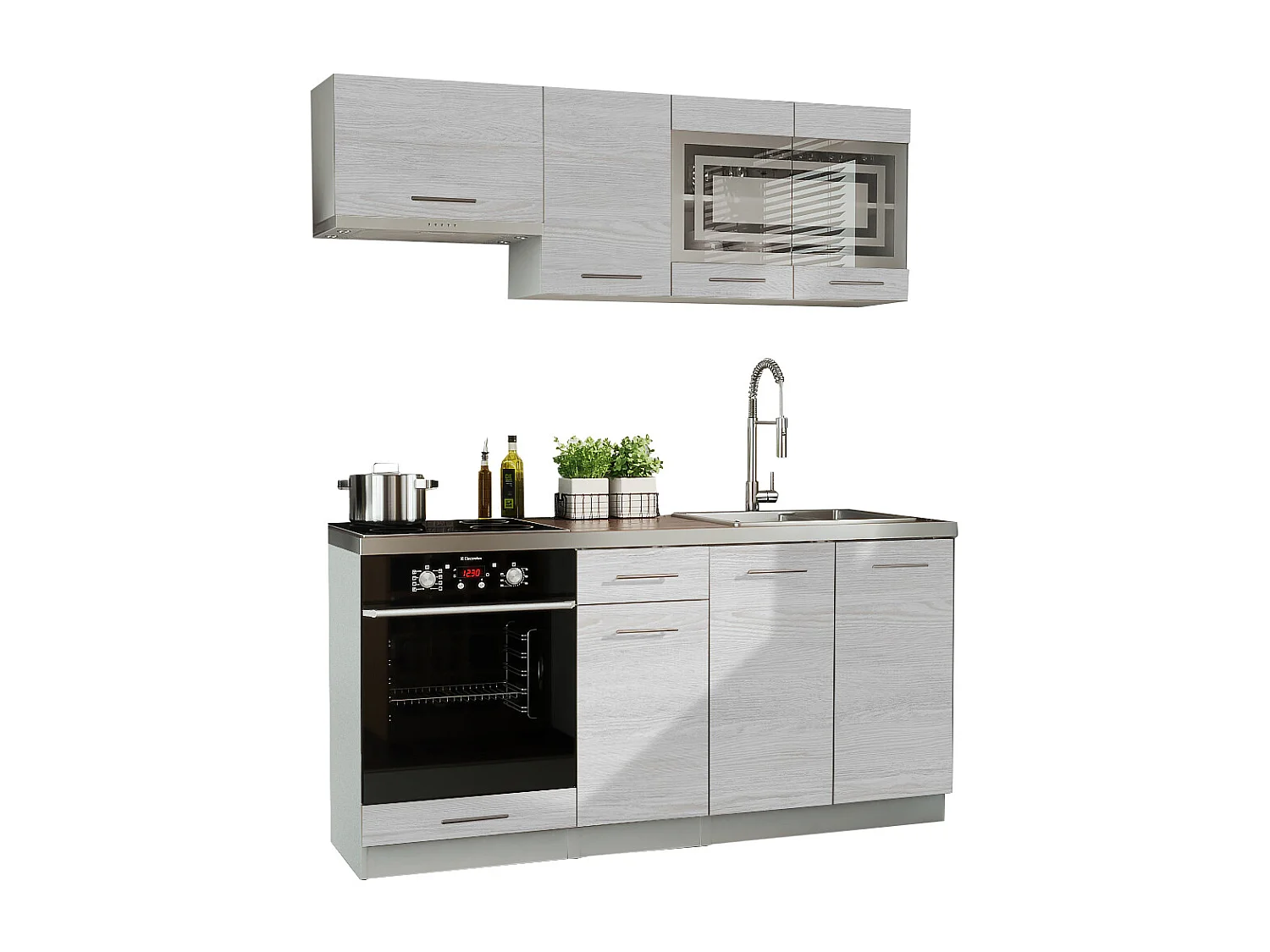 Cuisine GIOVANNA 6 éléments - bois blanchi 1m80 portes vitrées four encastrable