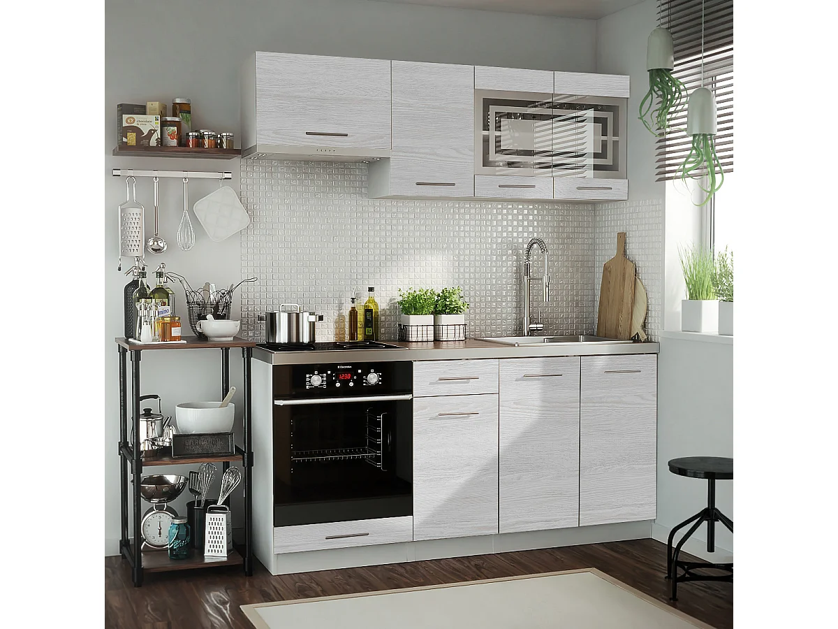 Cuisine GIOVANNA 6 éléments - bois blanchi 1m80 portes vitrées four encastrable