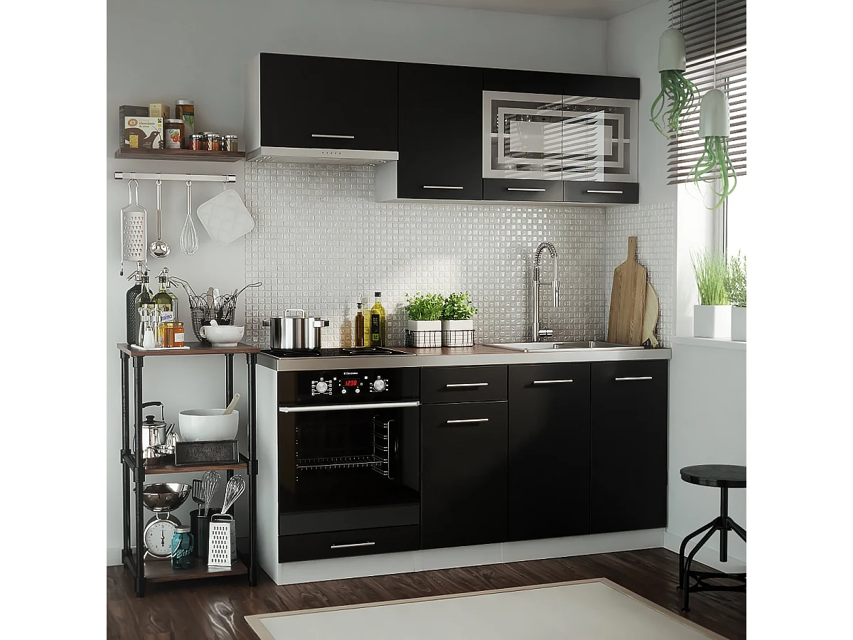 Cuisine GIOVANNA 6 éléments - noir mat 1m80 portes vitrées four encastrable