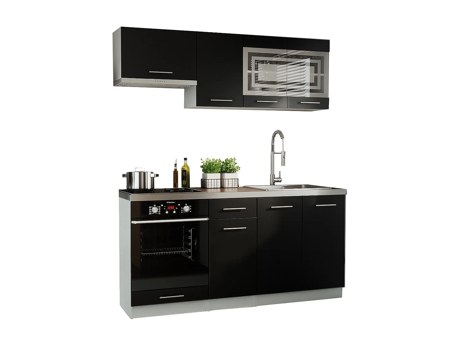 Cuisine GIOVANNA 6 éléments - noir mat 1m80 portes vitrées four encastrable
