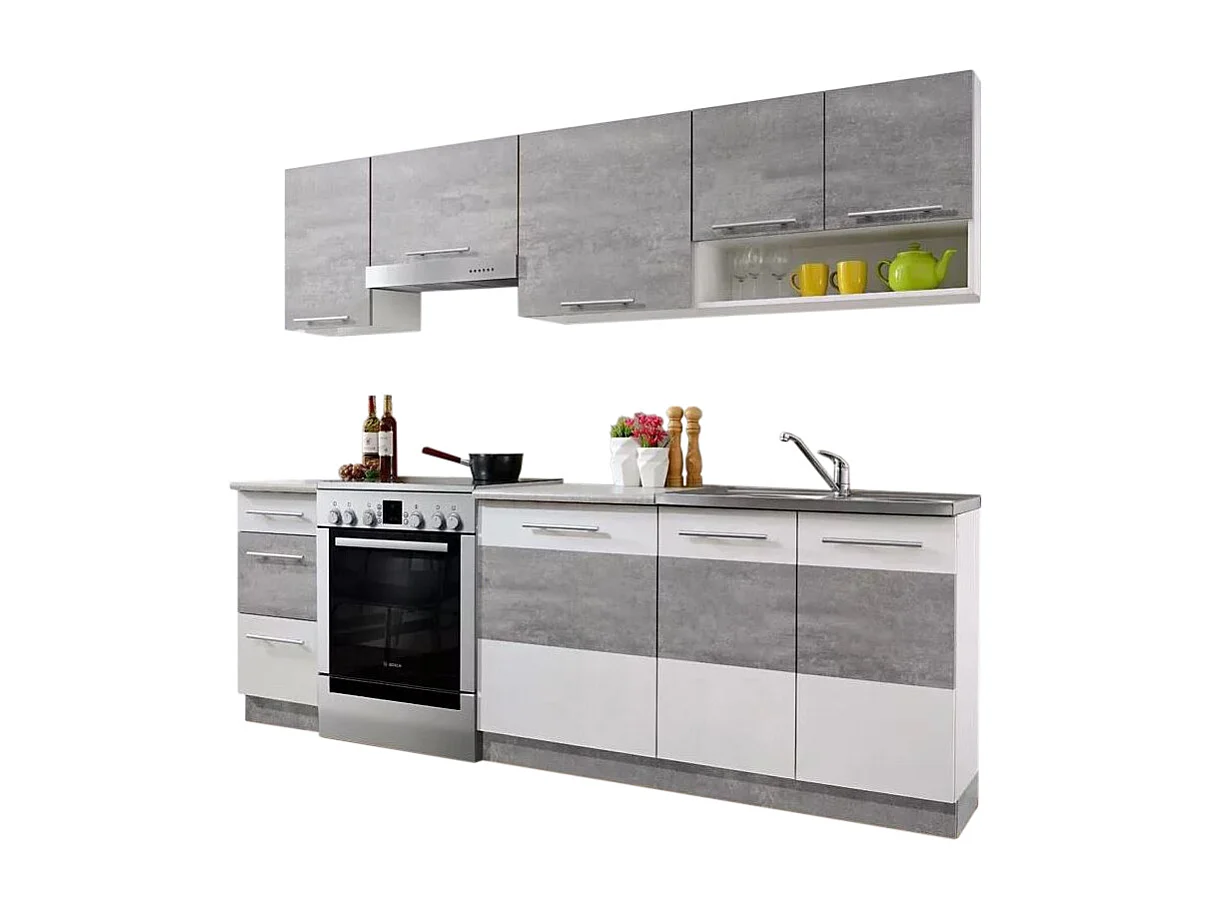 Cuisine LAX finition BETON et blanc mat 7 éléments 240 cm