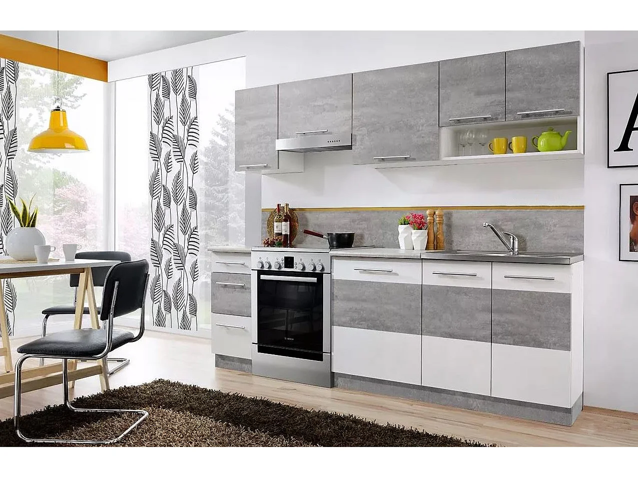 Cuisine LAX finition BETON et blanc mat 7 éléments 240 cm