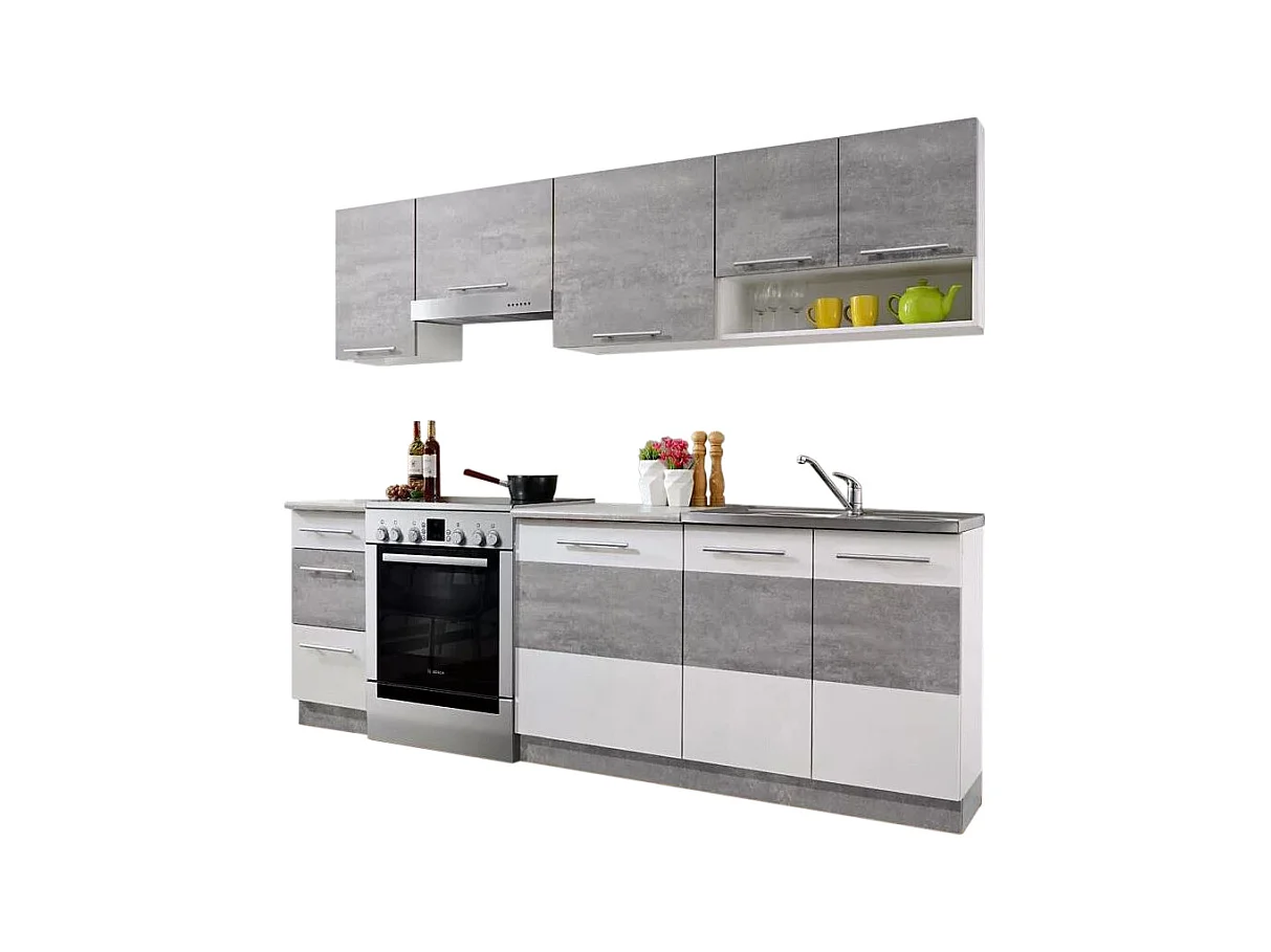 Cuisine LAX finition BETON et blanc mat 7 éléments 240 cm