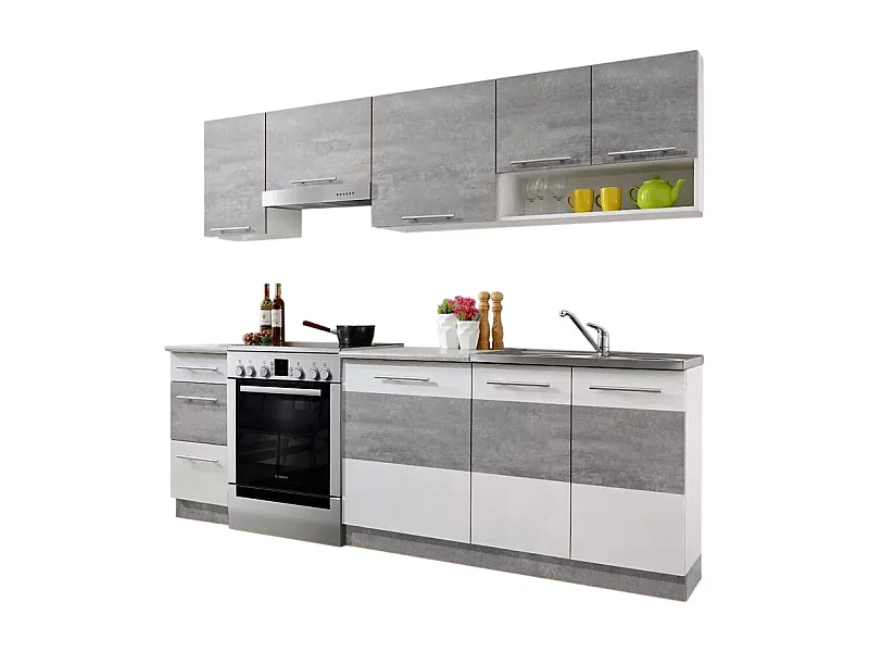 Cuisine LAX finition BETON et blanc mat 7 éléments 240 cm