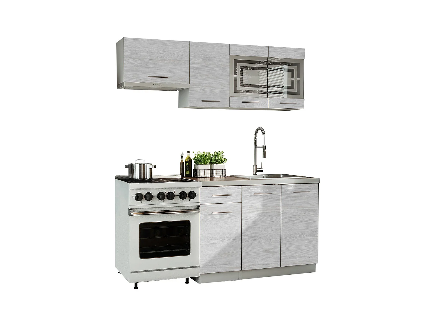 Cuisine GIOVANNA 5 éléments - bois blanchi 1m80 - portes vitrées à motif
