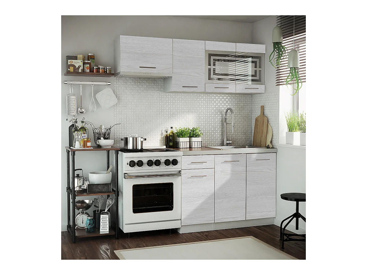 Cuisine GIOVANNA 5 éléments - bois blanchi 1m80 - portes vitrées à motif