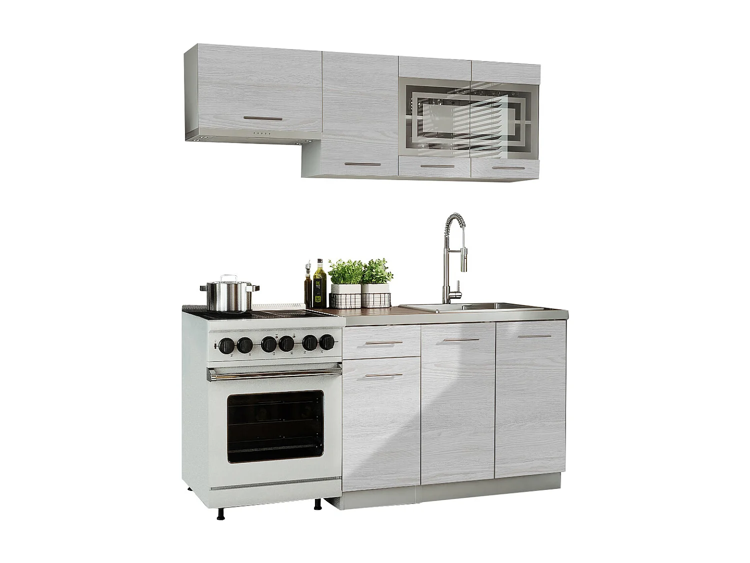 Cuisine GIOVANNA 5 éléments - bois blanchi 1m80 - portes vitrées à motif