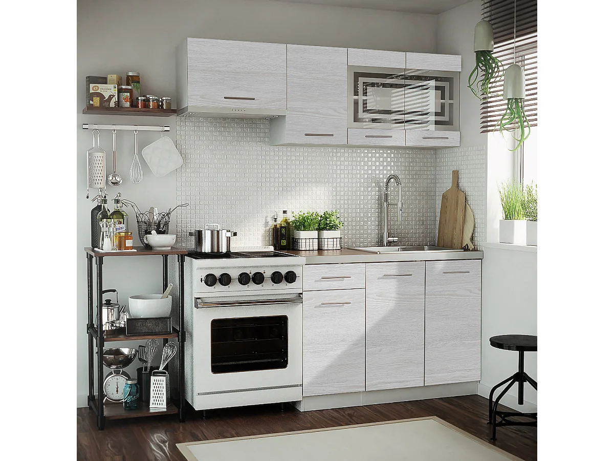 Cuisine GIOVANNA 5 éléments - bois blanchi 1m80 - portes vitrées à motif