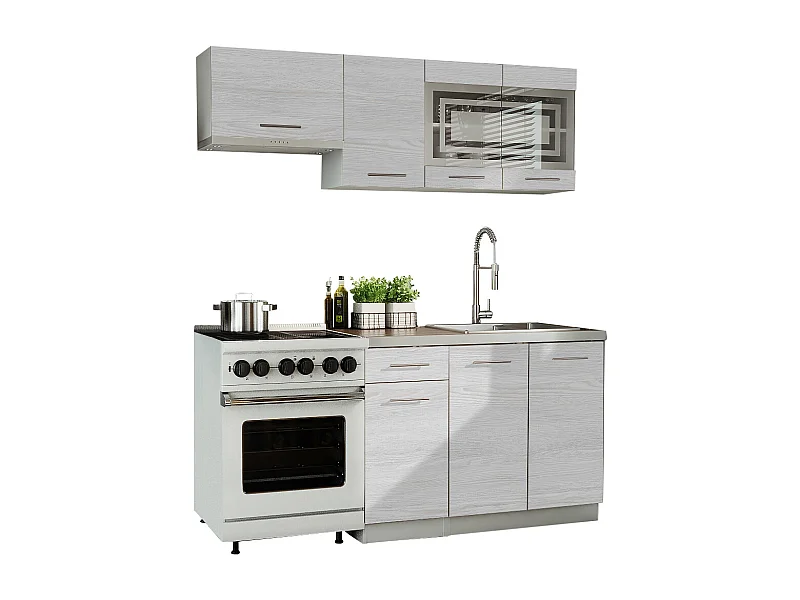 Cuisine GIOVANNA 5 éléments - bois blanchi 1m80 - portes vitrées à motif