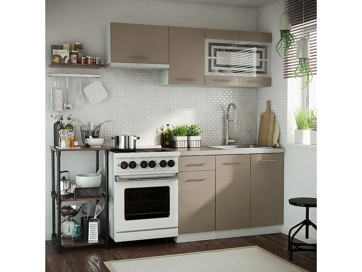 Cuisine GIOVANNA 5 éléments - taupe mat 1m80 - portes vitrées à motif