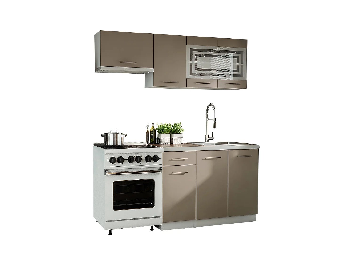 Cuisine GIOVANNA 5 éléments - taupe mat 1m80 - portes vitrées à motif