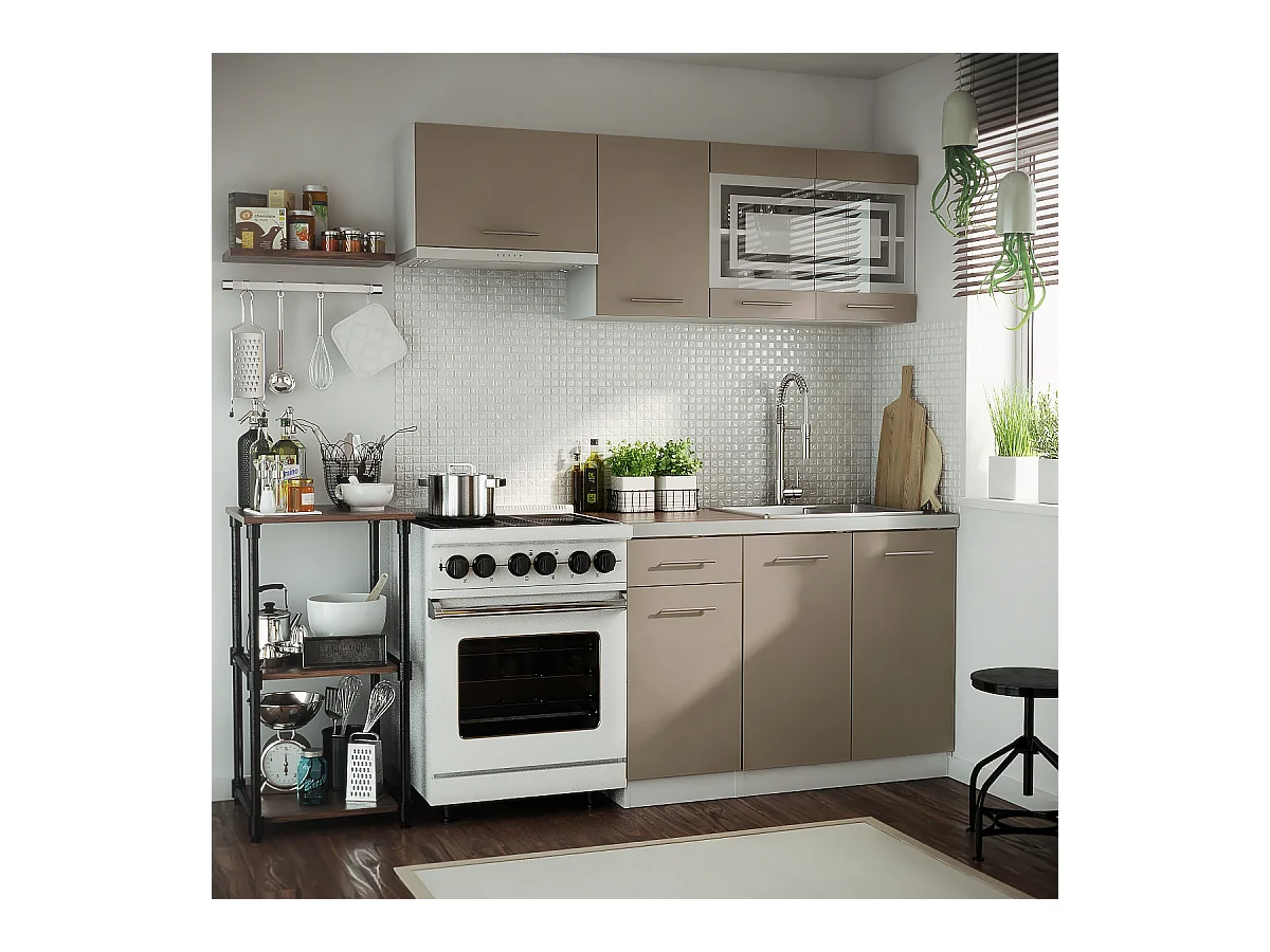 Cuisine GIOVANNA 5 éléments - taupe mat 1m80 - portes vitrées à motif