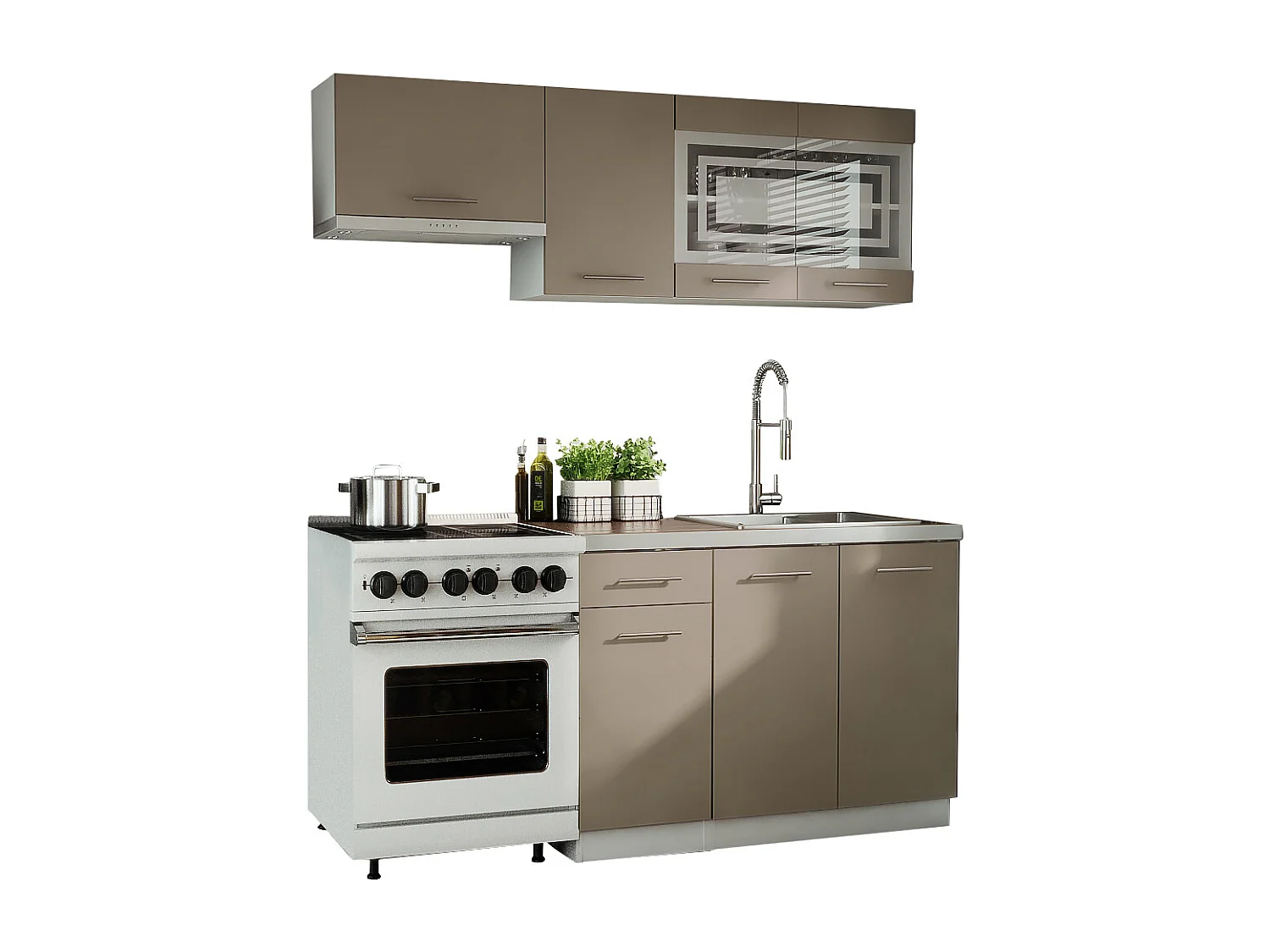 Cuisine GIOVANNA 5 éléments - taupe mat 1m80 - portes vitrées à motif