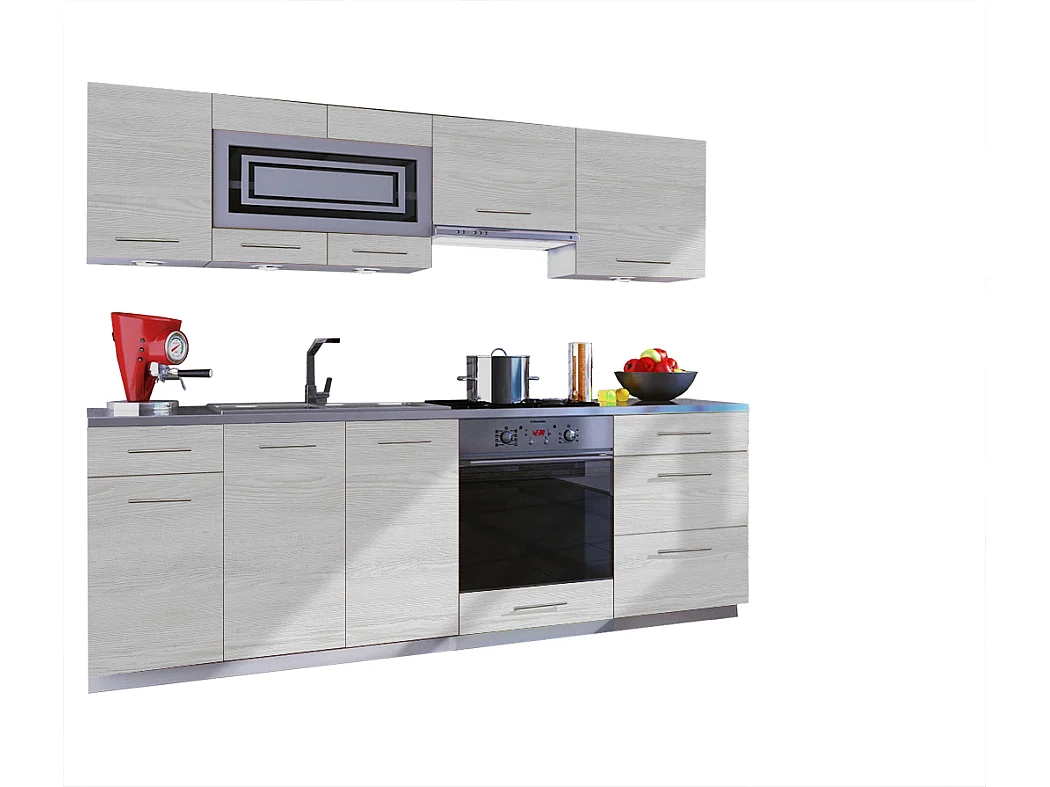 Cuisine GIOVANNA 8 éléments - bois blanchi 2m40 casserolier four encastrable