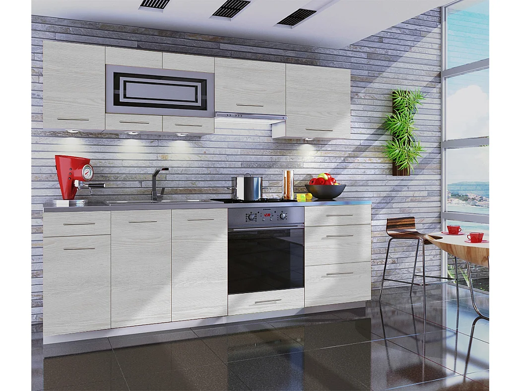 Cuisine GIOVANNA 8 éléments - bois blanchi 2m40 casserolier four encastrable