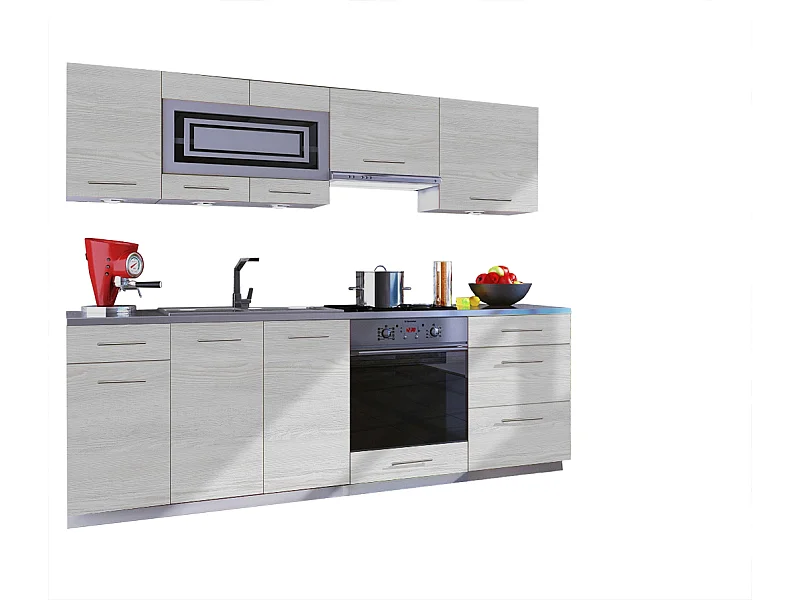 Cuisine GIOVANNA 8 éléments - bois blanchi 2m40 casserolier four encastrable