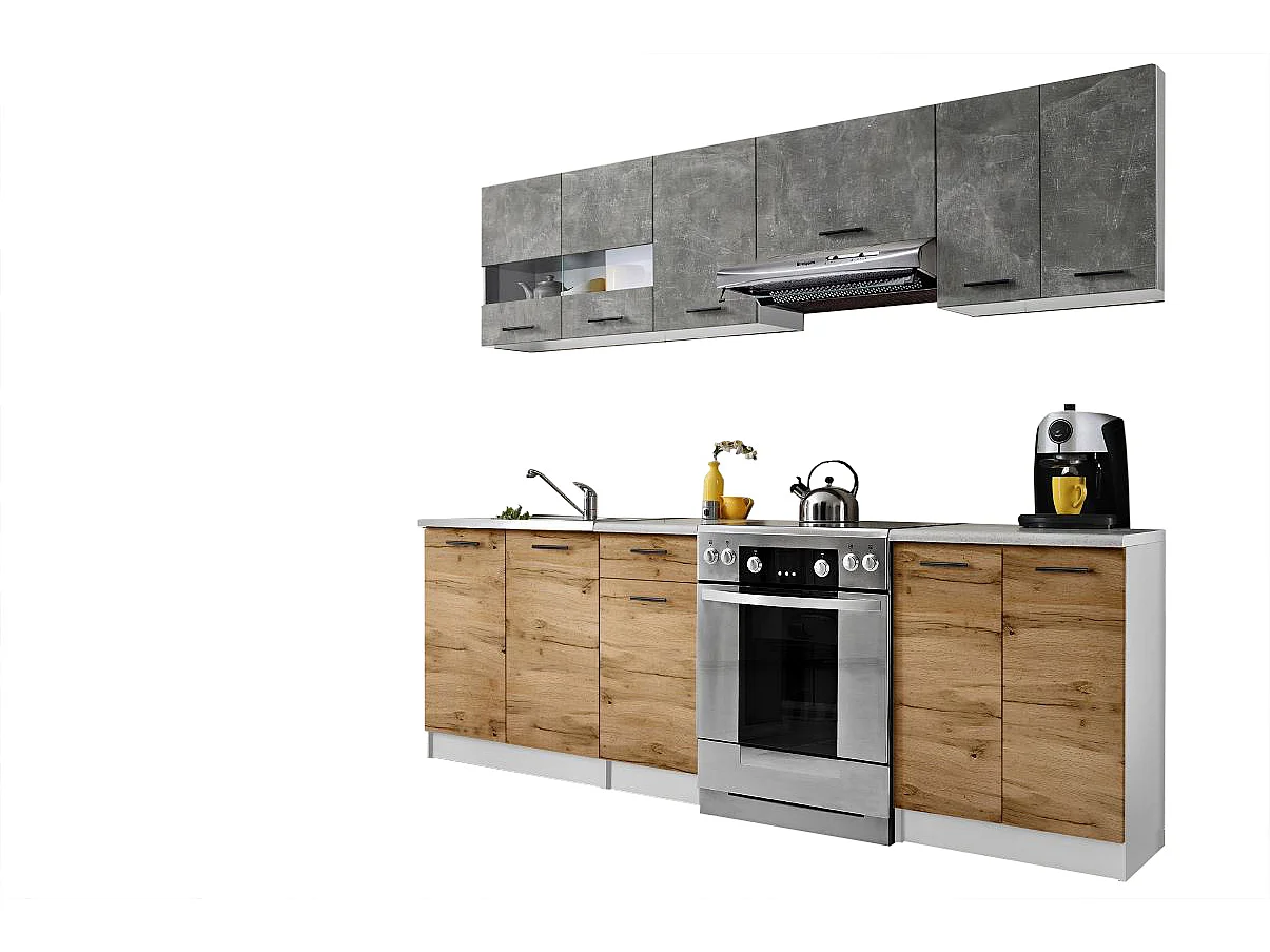 Cuisine Bigo 7 éléments - finition bas BOIS haut BETON 240 cm