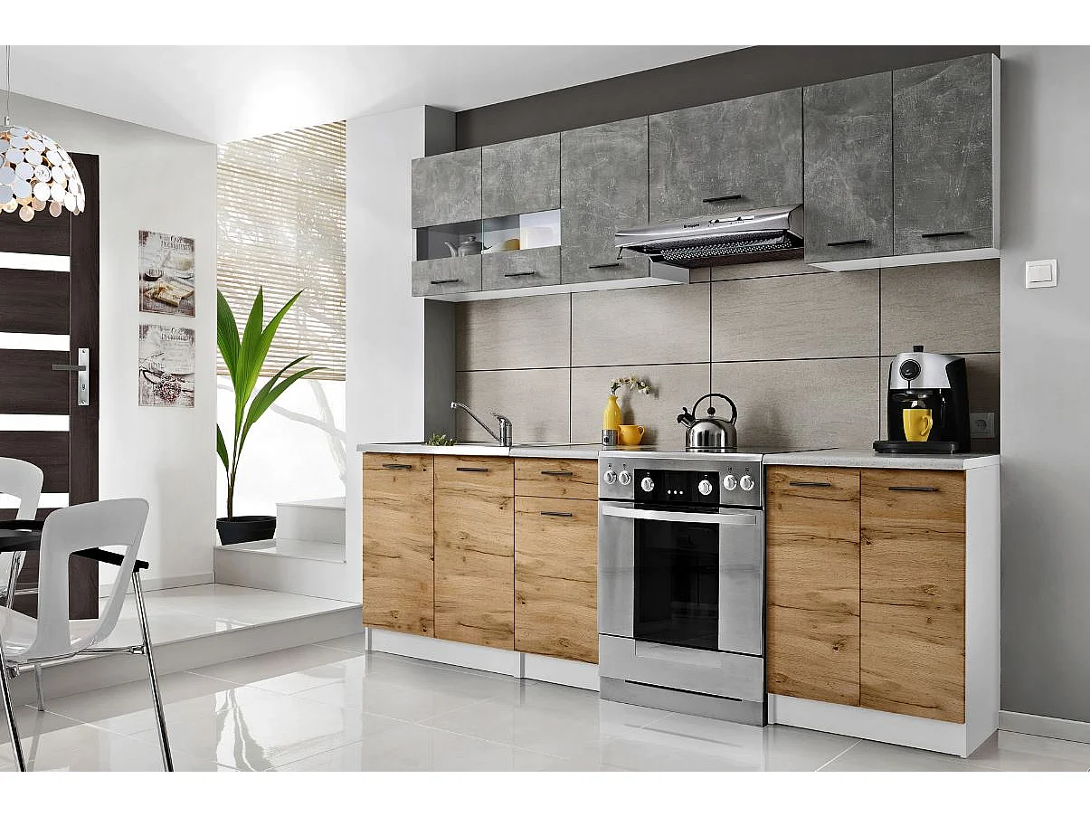 Cuisine Bigo 7 éléments - finition bas BOIS haut BETON 240 cm