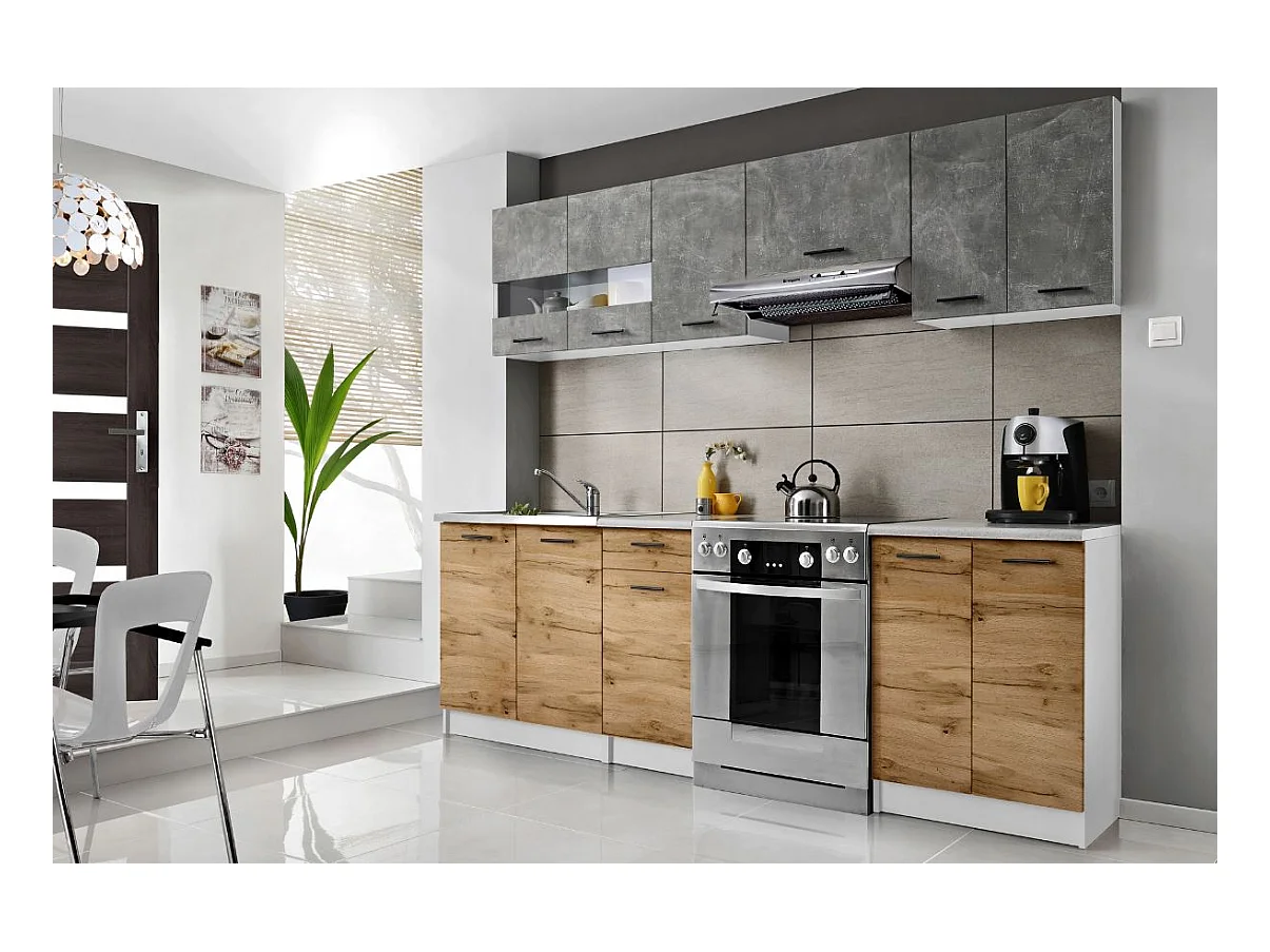 Cuisine Bigo 7 éléments - finition bas BOIS haut BETON 240 cm