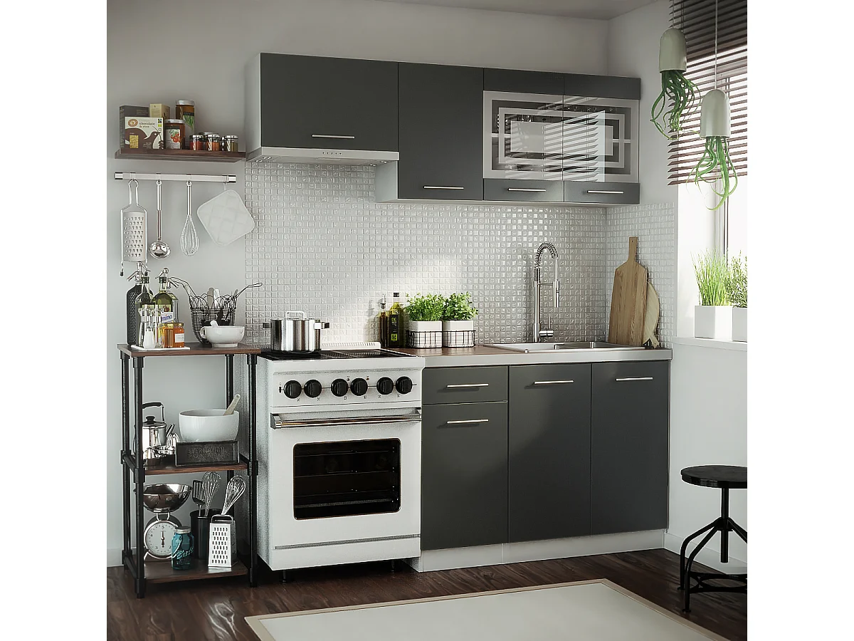 Cuisine GIOVANNA 5 éléments - graphite mat 1m80 - portes vitrées à motif