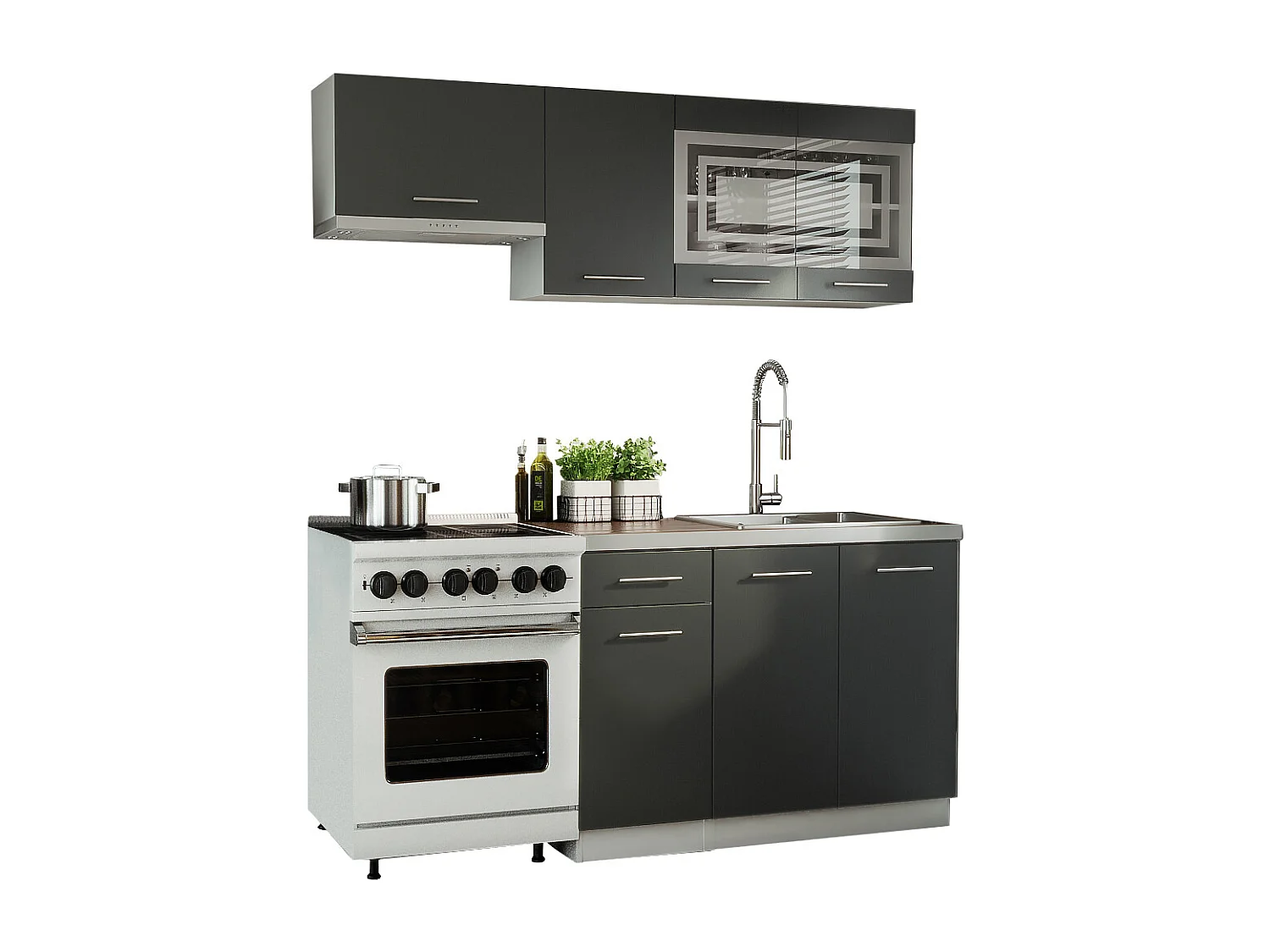 Cuisine GIOVANNA 5 éléments - graphite mat 1m80 - portes vitrées à motif