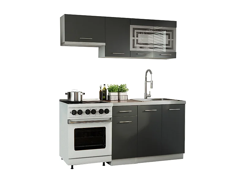 Cuisine GIOVANNA 5 éléments - graphite mat 1m80 - portes vitrées à motif