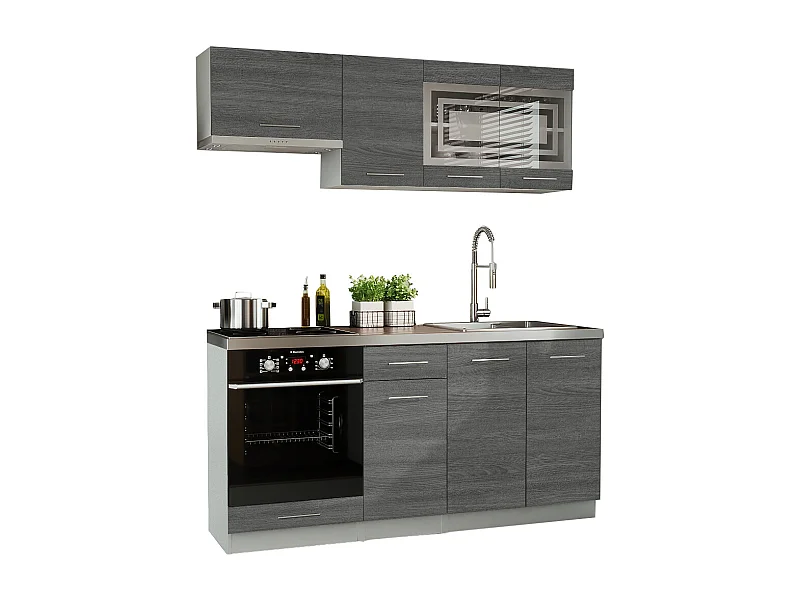 Cuisine GIOVANNA 6 éléments - bois grisé 1m80 portes vitrées four encastrable