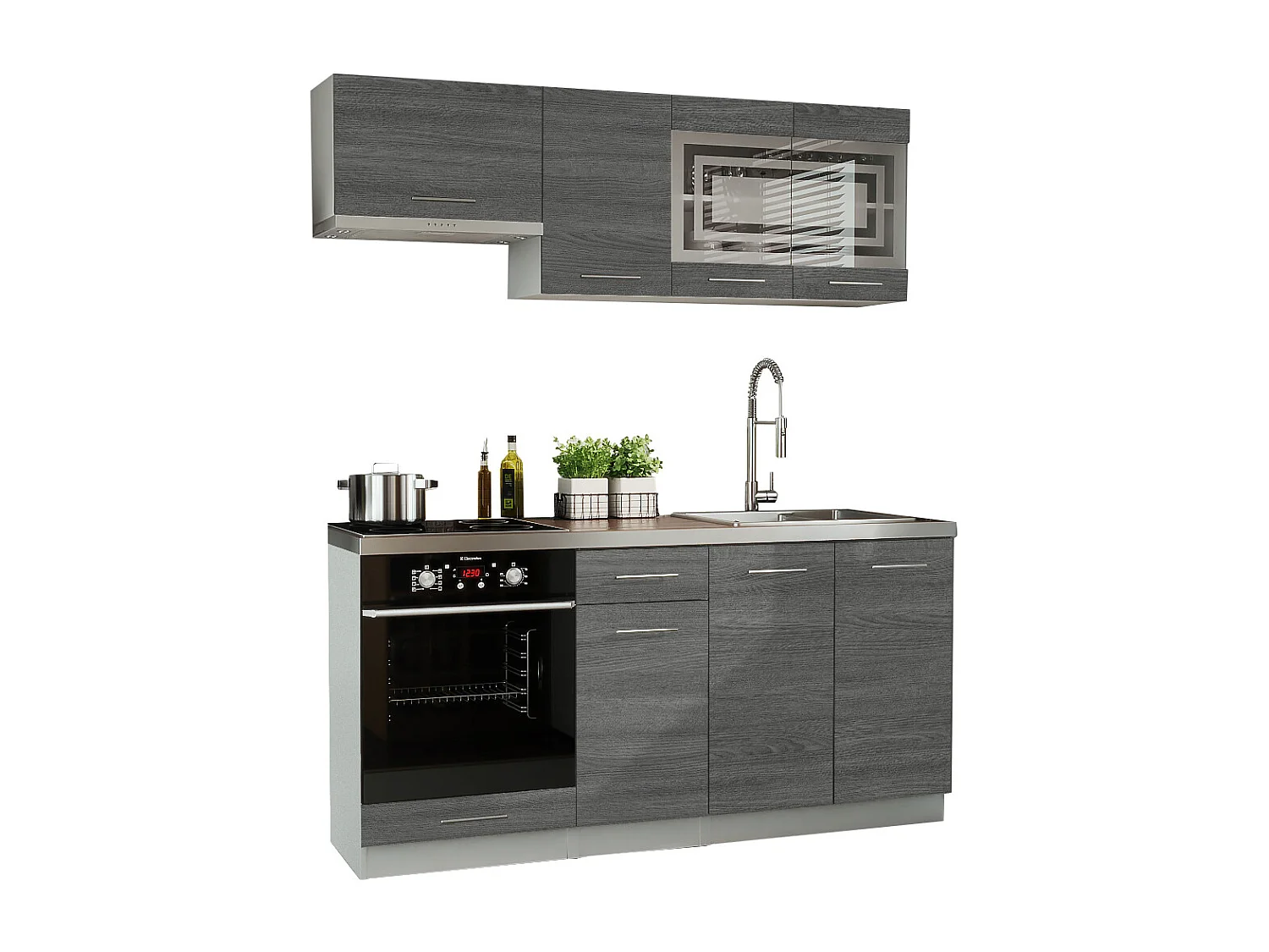 Cuisine GIOVANNA 6 éléments - bois grisé 1m80 portes vitrées four encastrable