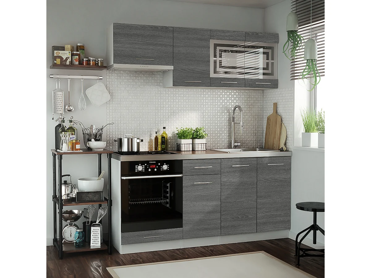 Cuisine GIOVANNA 6 éléments - bois grisé 1m80 portes vitrées four encastrable