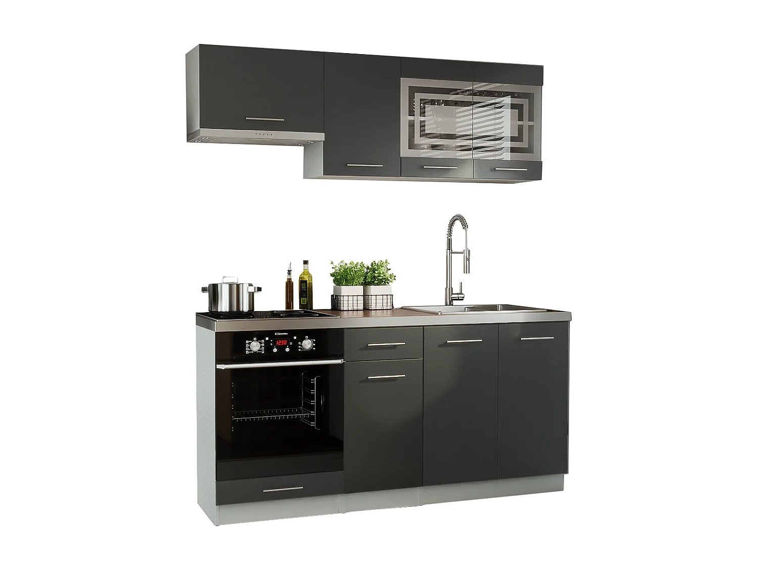 Cuisine GIOVANNA 6 éléments - graphite mat 1m80 portes vitrées four encastrable