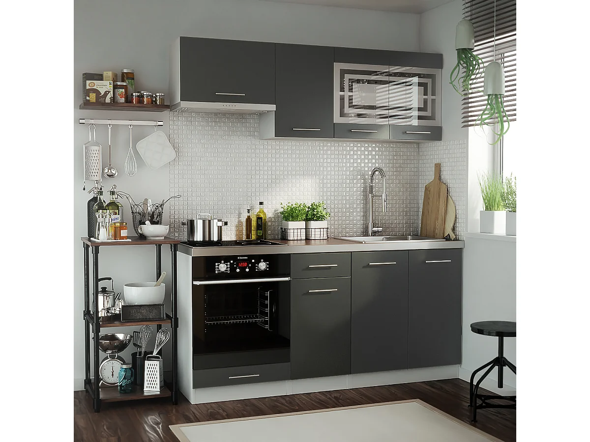 Cuisine GIOVANNA 6 éléments - graphite mat 1m80 portes vitrées four encastrable