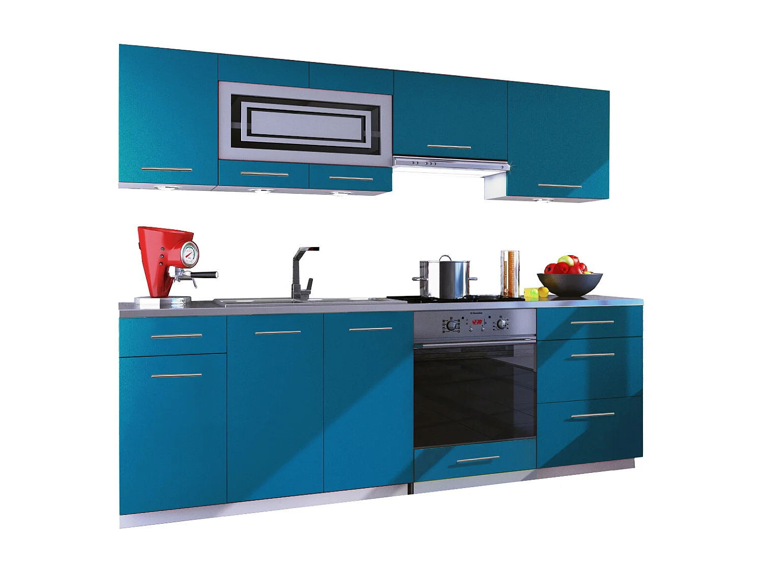 Cuisine GIOVANNA 8 éléments - turquoise mat 2m40 casserolier four encastrable