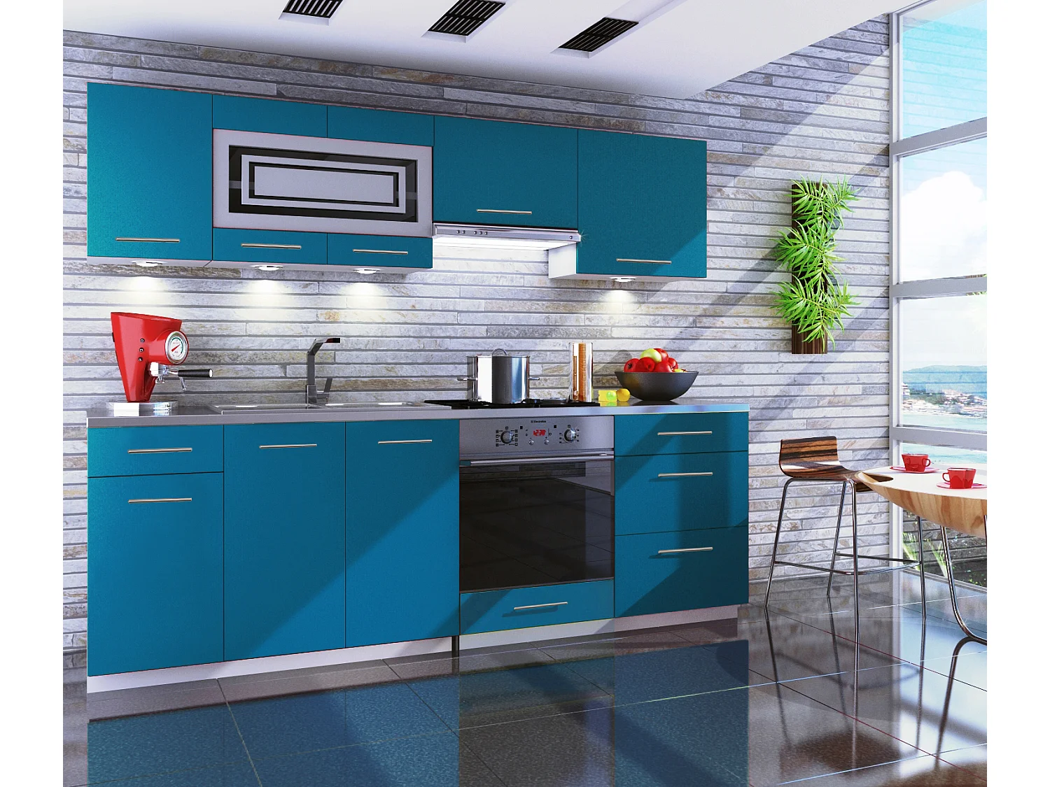 Cuisine GIOVANNA 8 éléments - turquoise mat 2m40 casserolier four encastrable