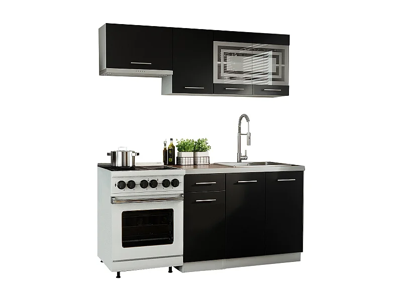 Cuisine GIOVANNA 5 éléments - noir mat 1m80 - portes vitrées à motif