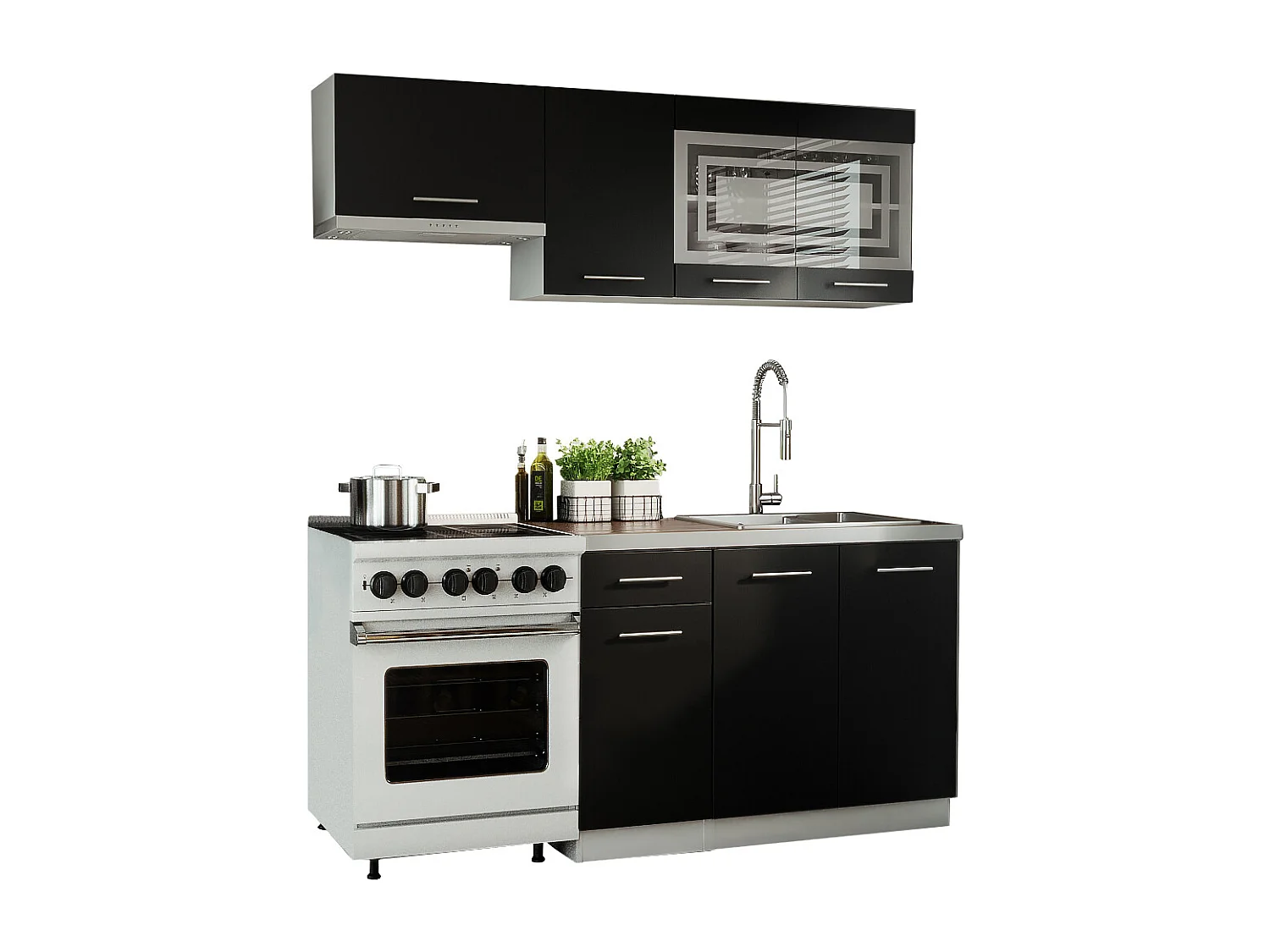 Cuisine GIOVANNA 5 éléments - noir mat 1m80 - portes vitrées à motif