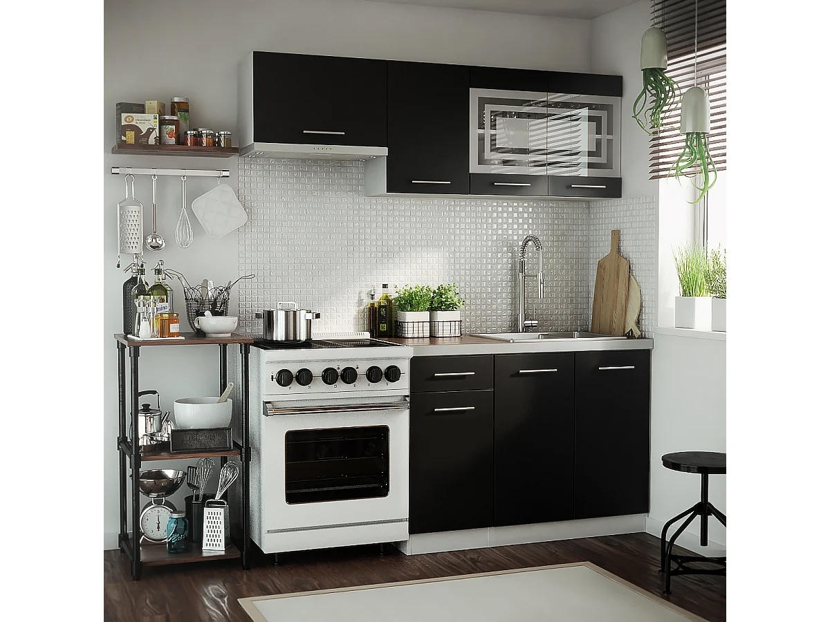 Cuisine GIOVANNA 5 éléments - noir mat 1m80 - portes vitrées à motif