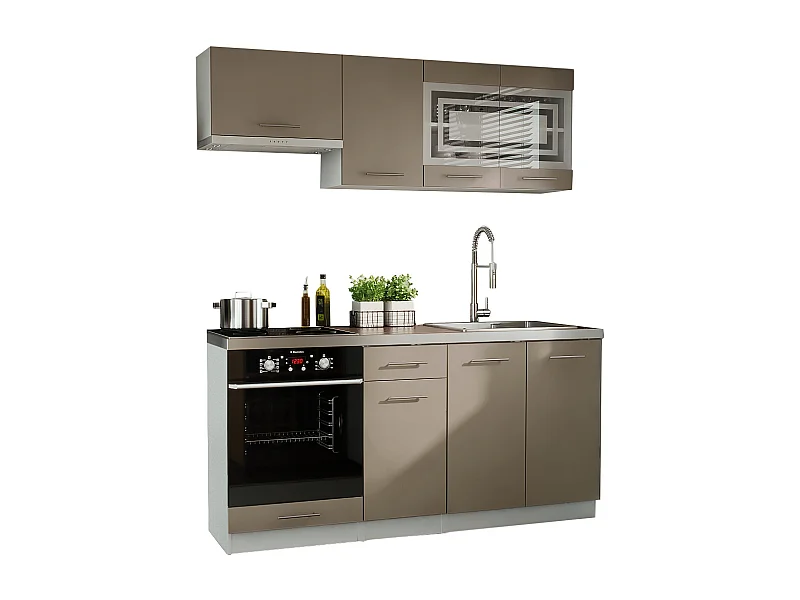 Cuisine GIOVANNA 6 éléments - taupe mat 1m80 portes vitrées four encastrable