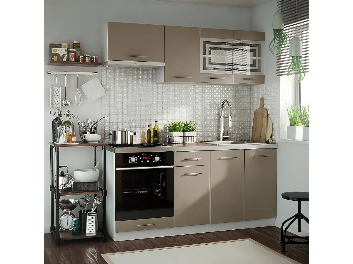 Cuisine GIOVANNA 6 éléments - taupe mat 1m80 portes vitrées four encastrable