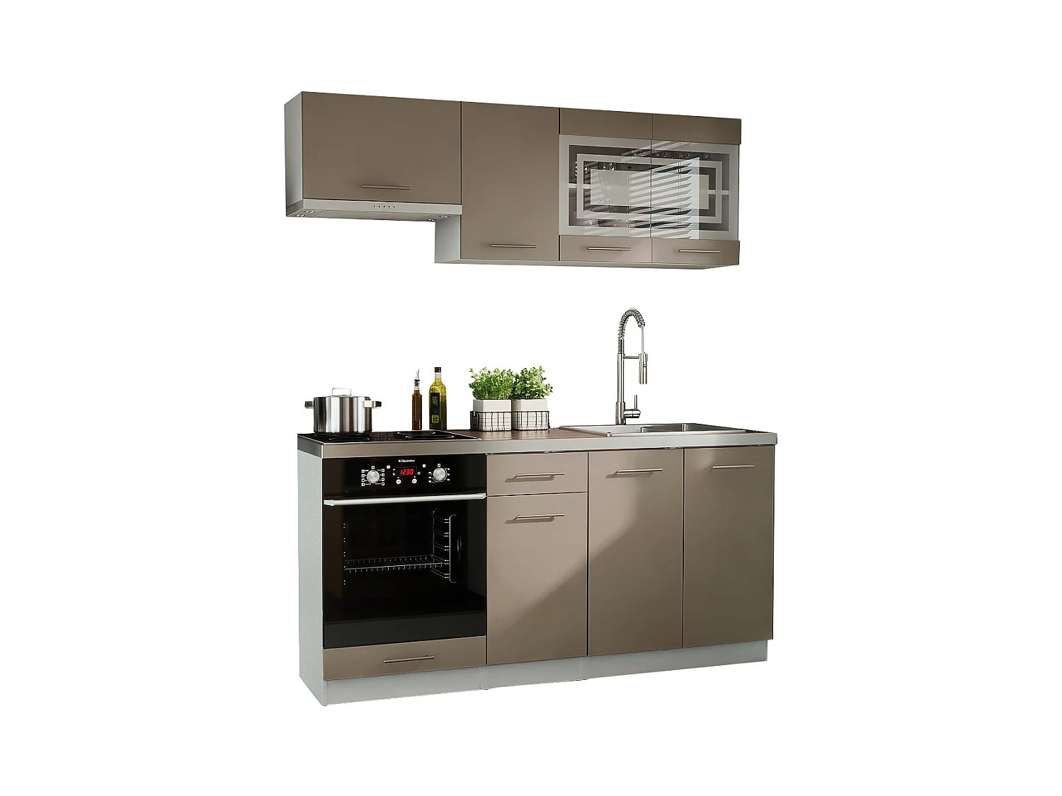 Cuisine GIOVANNA 6 éléments - taupe mat 1m80 portes vitrées four encastrable