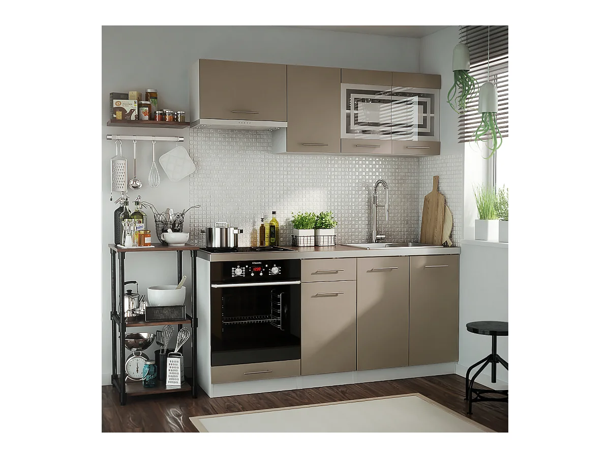 Cuisine GIOVANNA 6 éléments - taupe mat 1m80 portes vitrées four encastrable