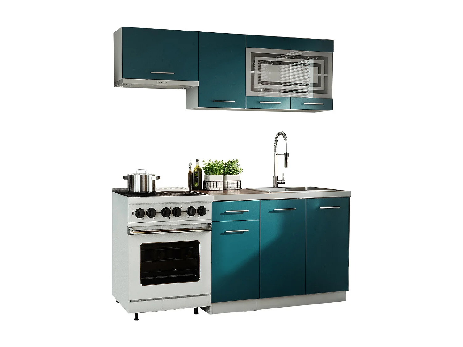 Cuisine GIOVANNA 5 éléments - turquoise mat 1m80 - portes vitrées à motif