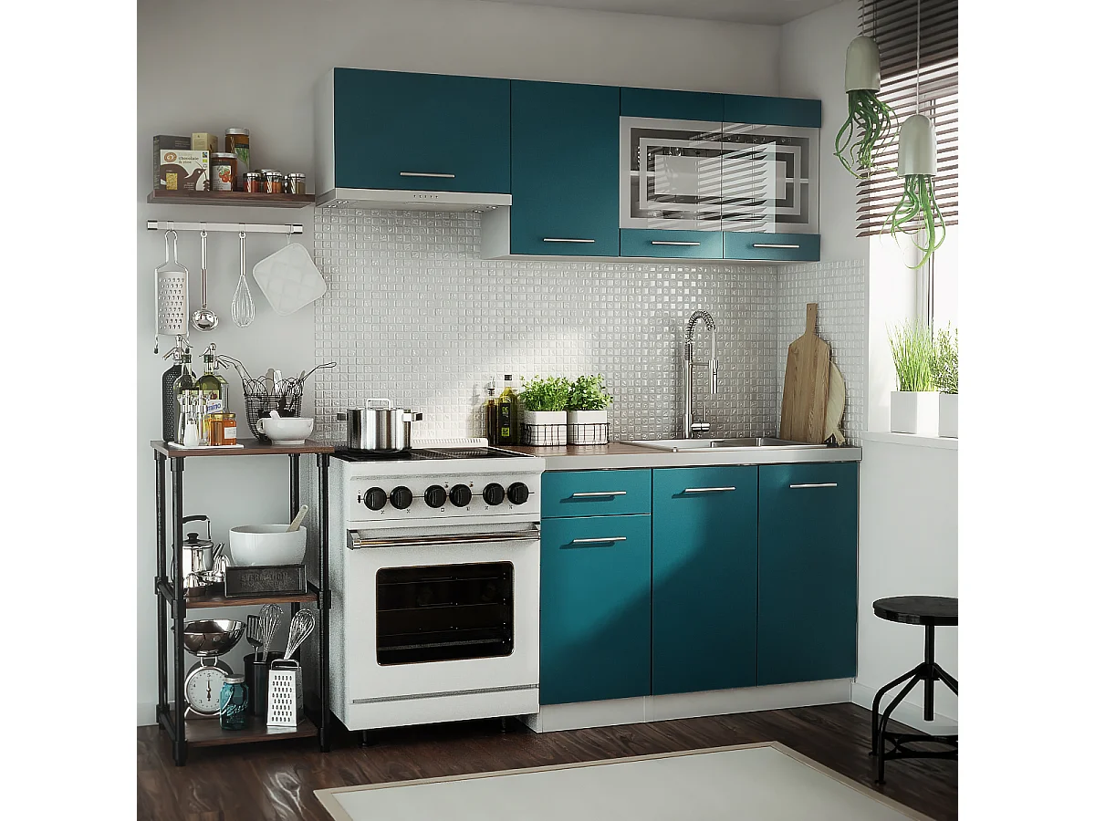 Cuisine GIOVANNA 5 éléments - turquoise mat 1m80 - portes vitrées à motif