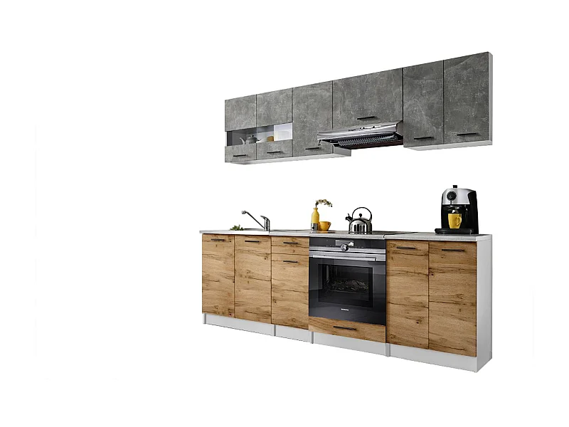 Cuisine Bigo 8 éléments - finition bas BOIS haut BETON 240 cm