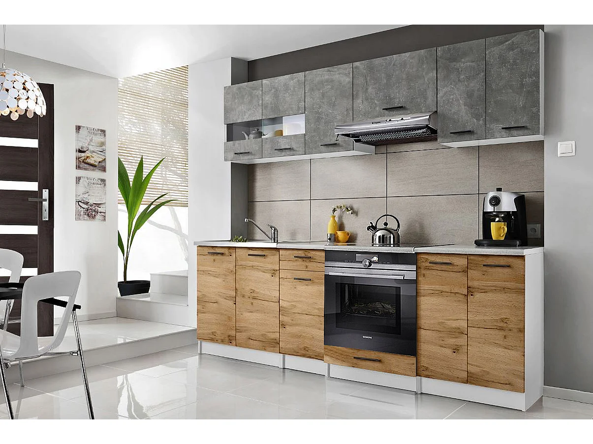 Cuisine Bigo 8 éléments - finition bas BOIS haut BETON 240 cm