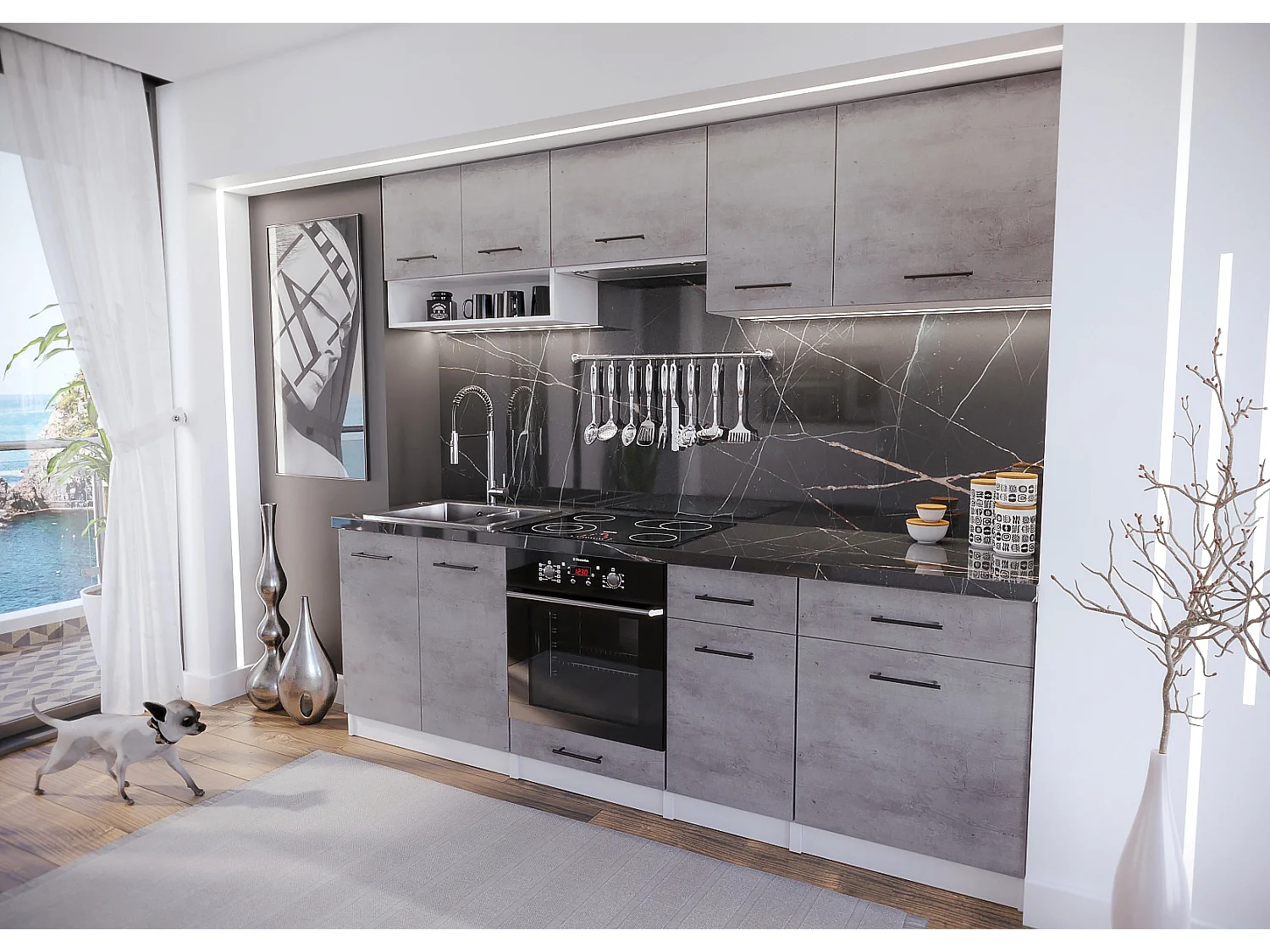 Cuisine Viki finition beton 8 éléments 240 cm 18 mm