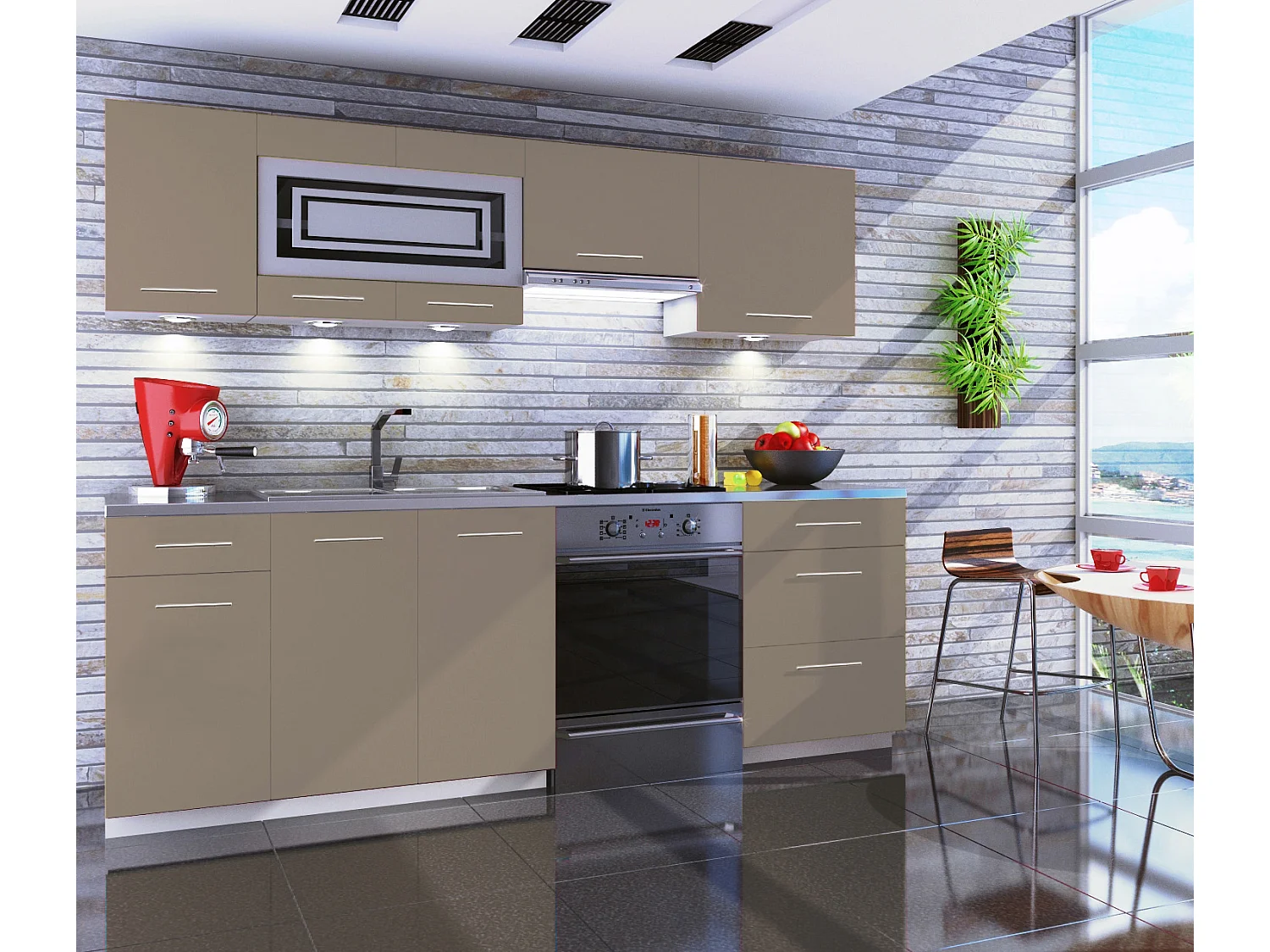 Cuisine GIOVANNA 7 éléments - taupe mat 2m40 - grand casserolier